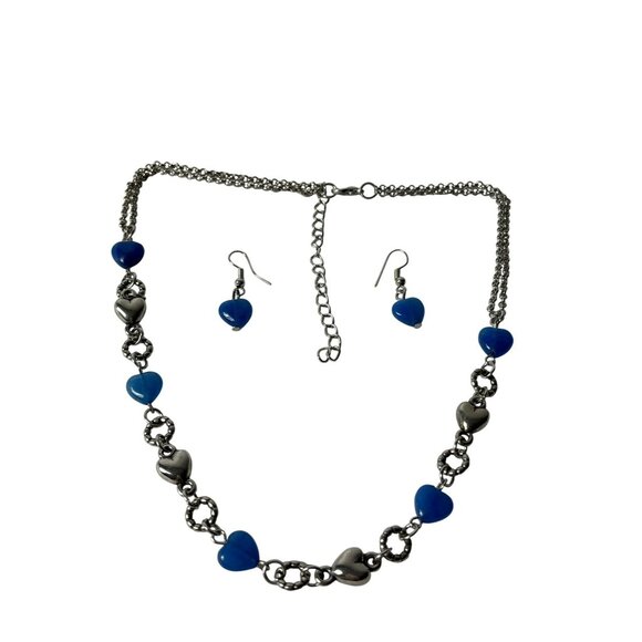 Blue Cat's Eye Heart Necklace & Earrings Set Silvertone Chain - Picture 1 of 6